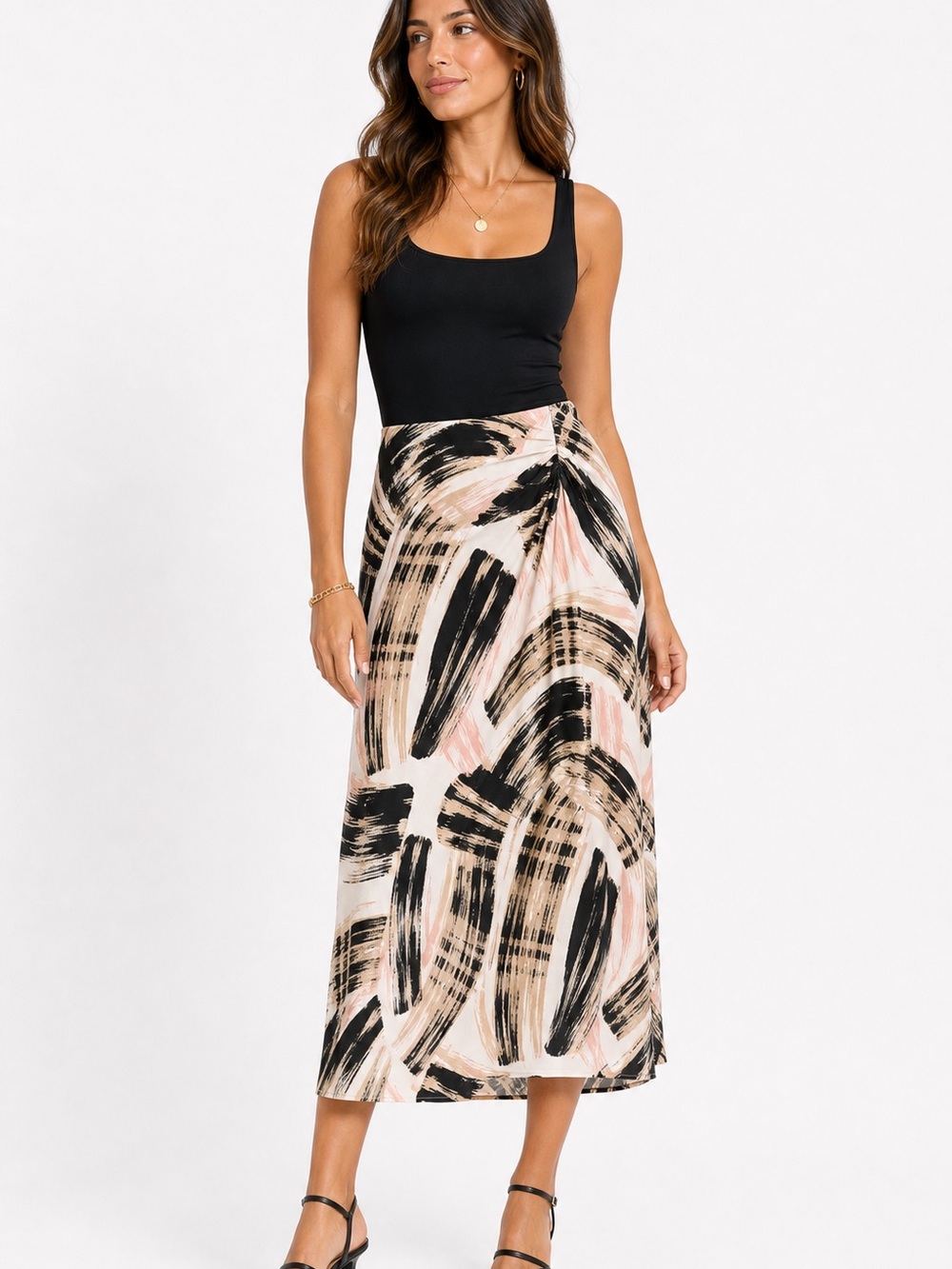 DKNYC Brushstroke Midi Skirt — Black, Blush & Cream